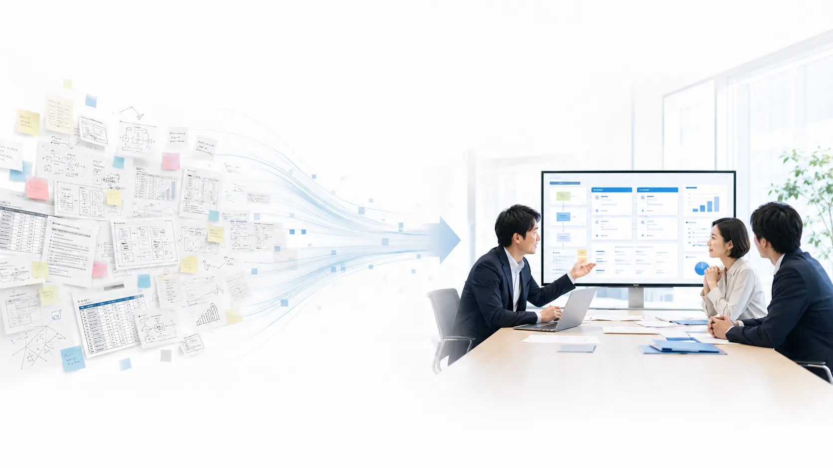 散らばった要望や資料を整理し、意思決定できる業務設計へ変換する会議のイメージ